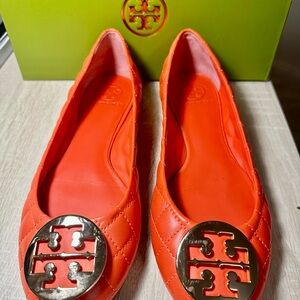Tory Burch Bright Orange Quilted Logo Ballet Flats